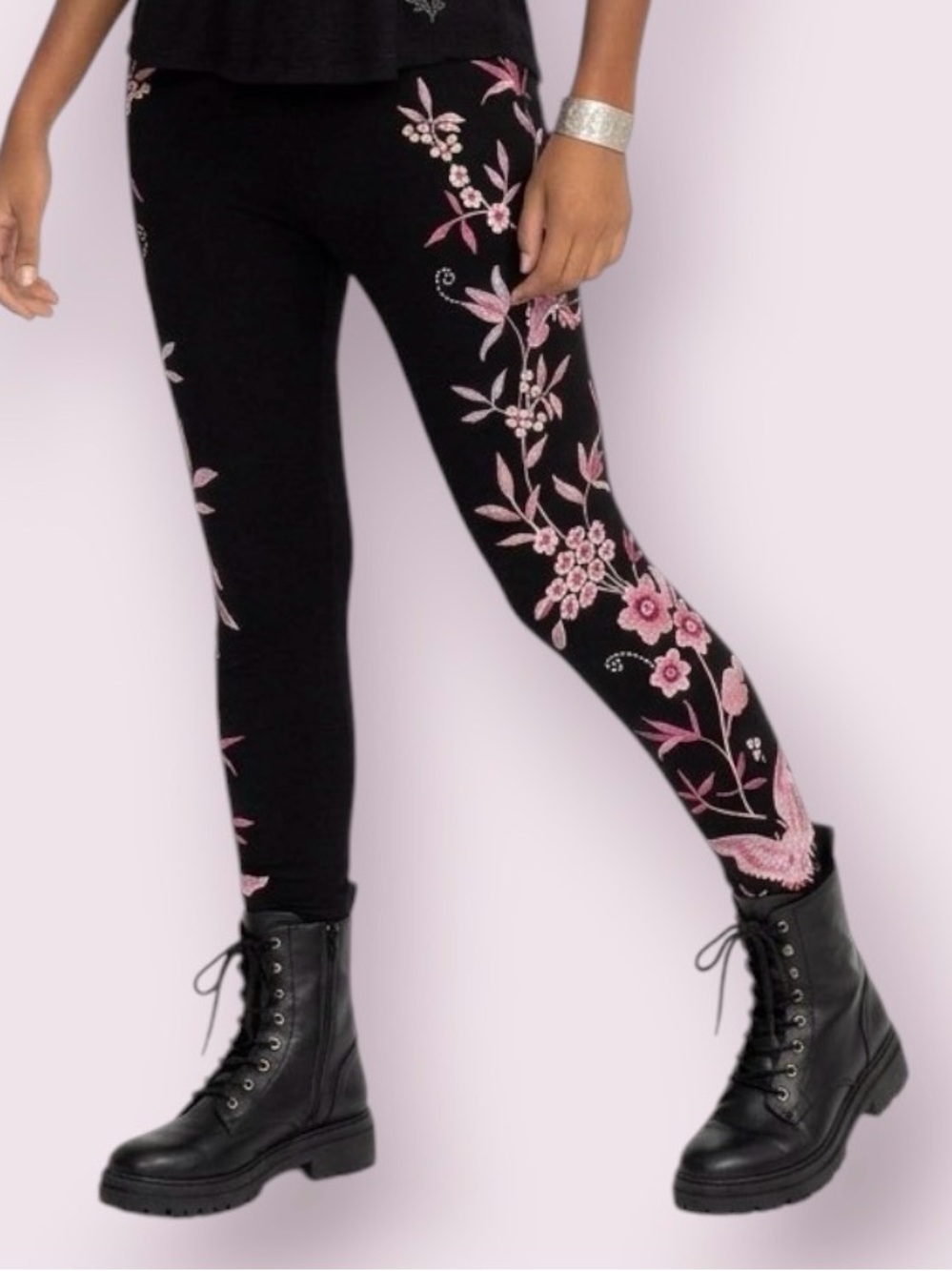 Johnny Was Rosalyn Floral Embroidered Leggings Black Pink Size 3X